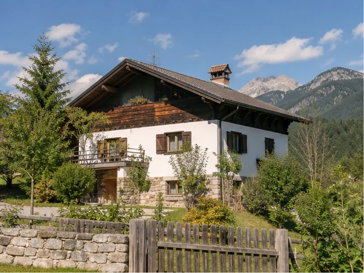 Wohnhaus mit Holzfassade und Garten im österreichischen Alpenraum