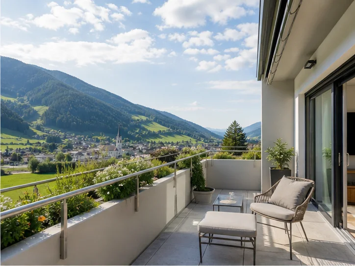 Balkon einer Wohnung mit Blick auf einen gewachsenen Ort im Alpental