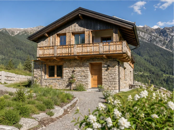 Wohnhaus aus Holz und Stein in einer sonnigen Alpenlage